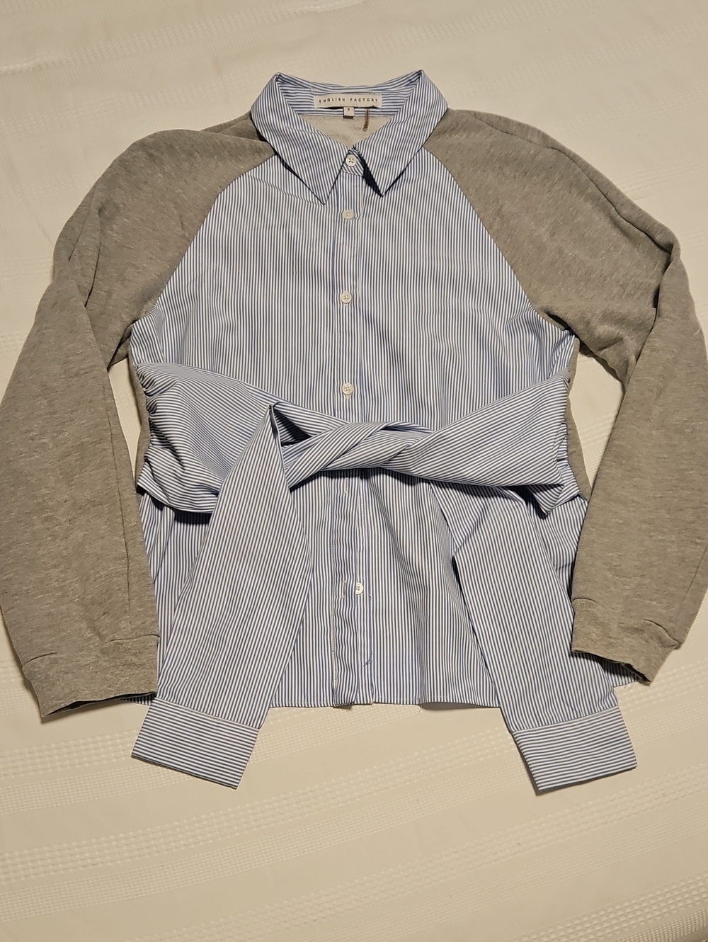 English Factory Blue Pinstripe Button-Front Shirt with Gray Sleeves